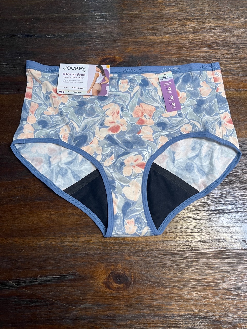 Jockey Brief Panty Period Underwear Blue Floral Heavy Flow Large Cotton Stretch